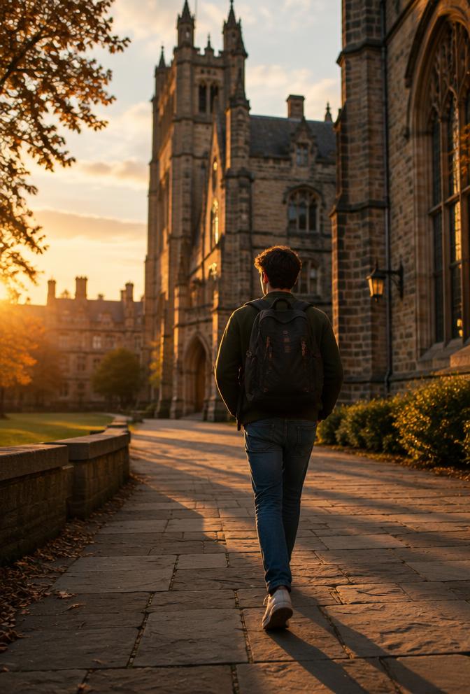 Student walking toward a university