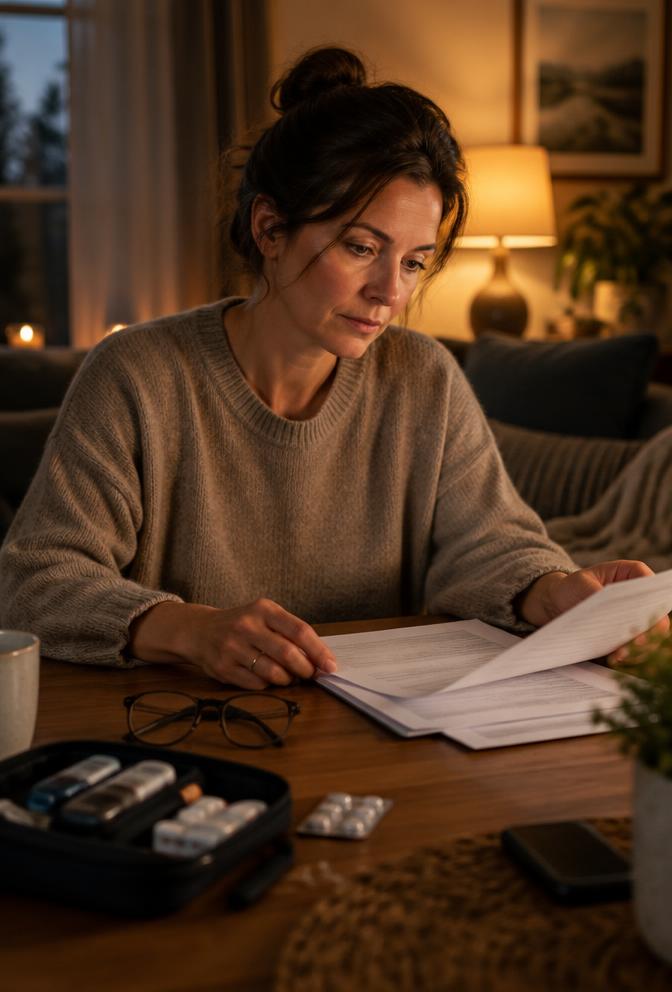 Woman reviewing healthcare paperwork at home