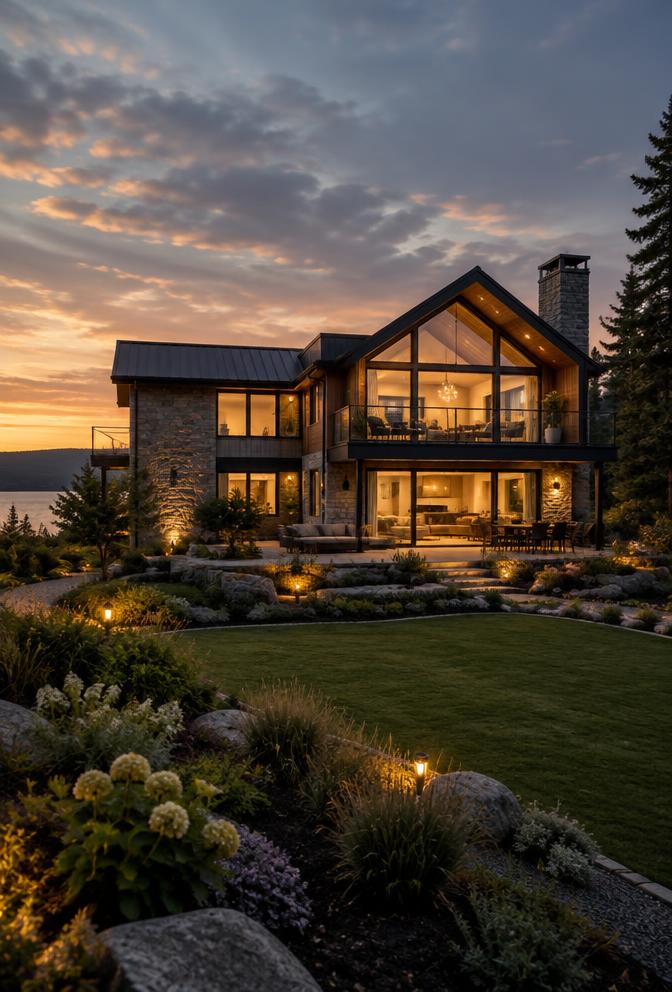 Contemporary second home illuminated at dusk